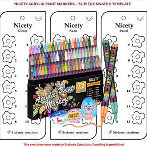 Digitale PDF-Nicety - 72-teilige Acrylfarben-Marker Mustervorlage | DIY Einzelseite Farbmuster | Druckbare Vorlage | Sofort Download
