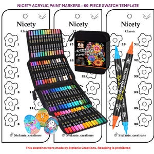Può includere: Un set di 60 pennarelli per pittura acrilica in una custodia nera con un design floreale colorato. I pennarelli sono disposti su un foglio bianco con forme di fiori in una griglia numerata. Il testo "Nicety Acrylic Paint Markers - 60-Piece Swatch Template" è in alto nell'immagine.