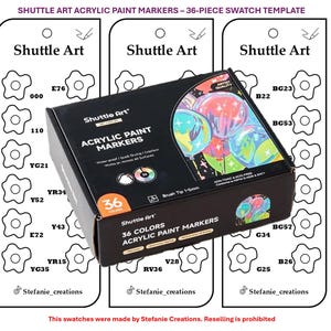 Peut inclure: Un nuancier de 36 marqueurs de peinture acrylique. Le nuancier est divisé en trois sections, chacune avec un contour noir et blanc d'une fleur et d'un cercle. Le nuancier est intitulé "Shuttle Art" et comprend le texte "Stefanie_creations".