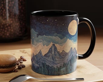 Berg och träd, Kaffemugg, Tekopp för naturscener, Dryckesglas för utomhusäventyr och camping, Keramisk mugg för skogskonst, Present till vandrare, Camping
