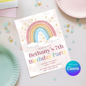 Rainbow Birthday Invitation - Editable Colorful Party Invite, Rainbow Theme, Printable Digital Download, Canva