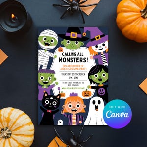 May include: A colorful Halloween party invitation with a blue background and illustrations of various monsters, including a mummy, a witch, a ghost, a zombie, and a black cat. The text reads "Calling all Monsters! You are invited to Luke's Costume Party. Thursday 31st October 1pm-3pm. 100 Any Street, Any Town, 103-456. RSVP-0123456789. Wear your best costume!"