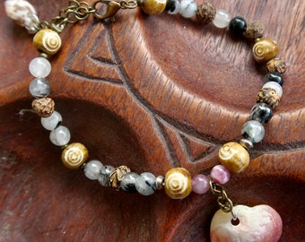 "Anchorage" anklet made of crystals, wood, seeds and shells (tourmaline, rock crystal, rudraksha, etc.)