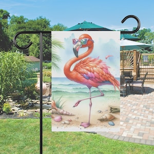 Summer Flamingo, beach scene PNG sublimation file, seasonal garden fag, digital download