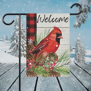 Bandeira de jardim, faixa de boas-vindas de inverno com cardeal, bandeira de casa, decoração de quintal de férias, decoração sazonal ao ar livre, placa de jardim de Natal