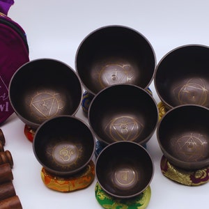 Professional Dark Brown Singing Bowl Set of Seven-Tibetan Singing Bowl-Meditation-Mindfulness-Yoga-Healing Bowls