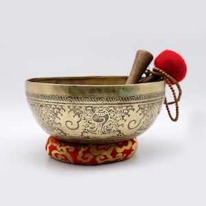 FREE mala 10 inches Special Tibetan Om Mantra Bowl from Nepal, Spiritual Singing Bowl, Carving Bowl, Tibetan Singing Bowl - Himalayan Sound