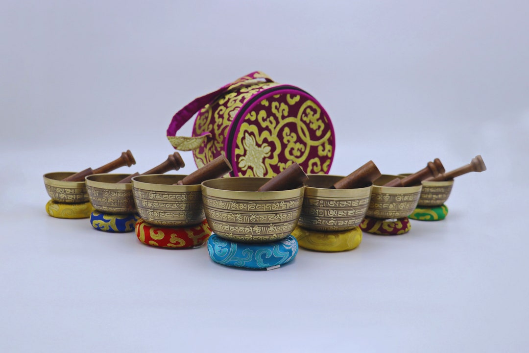 Singing Bowl Set of Seven Full Mantra Carving -tibetan Singing Bowl ...