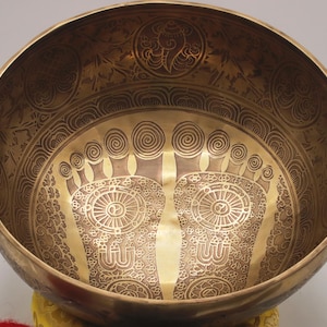 FREE mala 13 inches Special Foot Print Carved Singing Bowl, Tibetan Singing Bowl, Mandala Singing Bowl, Om Singing Bowl - Himalayan Sound