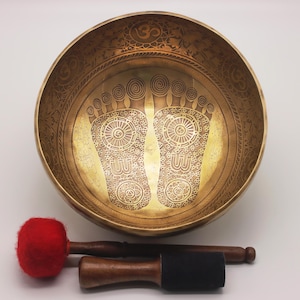 FREE mala 11 inches Special Foot Print Carved Singing Bowl, Tibetan Singing Bowl, Mandala Singing Bowl, Bajra Singing Bowl - Himalayan Sound