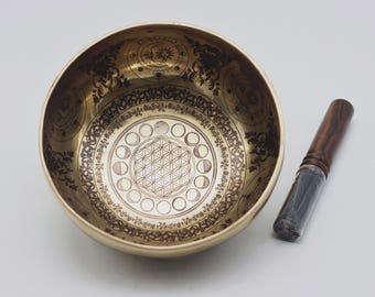 7 inches Super Fine Flower of Life Professional Singing Bowl, Cycle of Moon Carving Singing Bowl from Nepal, Sound Healing - Himalayan Sound