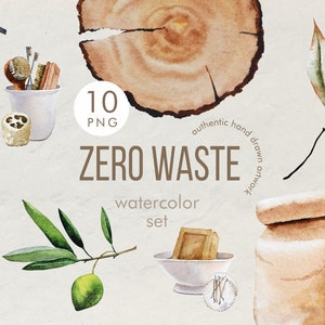 ZERO WASTE - Aquarell ClipArt, PNG, Öko-Badezimmer, Seife, grüner Planet, Öko-Beauty