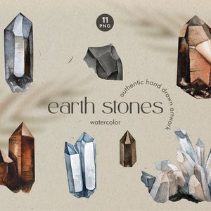 EARTH STONES - Watercolor ClipArt, PNG, crystals, quartz, howlite, volcanic glass, gems clipart, spiritual art, hand painted stones