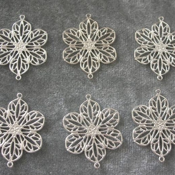 BULK LOT - Two Dozen (24) Silver Plated 26x20mm Filigree Fancy Flower Links Drops Charms Findings