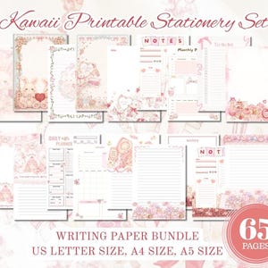 May include: A Kawaii Printable Stationery Set featuring various pink and white writing papers with floral and bunny designs. Includes daily planners, to-do lists, and note pages. The bundle offers 65 pages and is available in US Letter, A4, and A5 sizes.