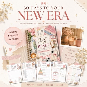 May include: A spiral-bound journal titled That Girl Reset with a 30-day life reset experience. The cover features floral illustrations, a coffee cup, and books. Included are five loose-leaf pages with sections for reflection, self-care menus, and habit tracking, all presented in a soft pink and cream color palette with decorative text.