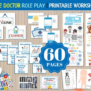 Può includere: Una raccolta di fogli di lavoro stampabili per un gioco di ruolo da piccolo dottore, con cartelli per una clinica, uno studio medico e una sala d'attesa. Include 60 pagine di materiale didattico, con illustrazioni di strumenti medici e parti del corpo.