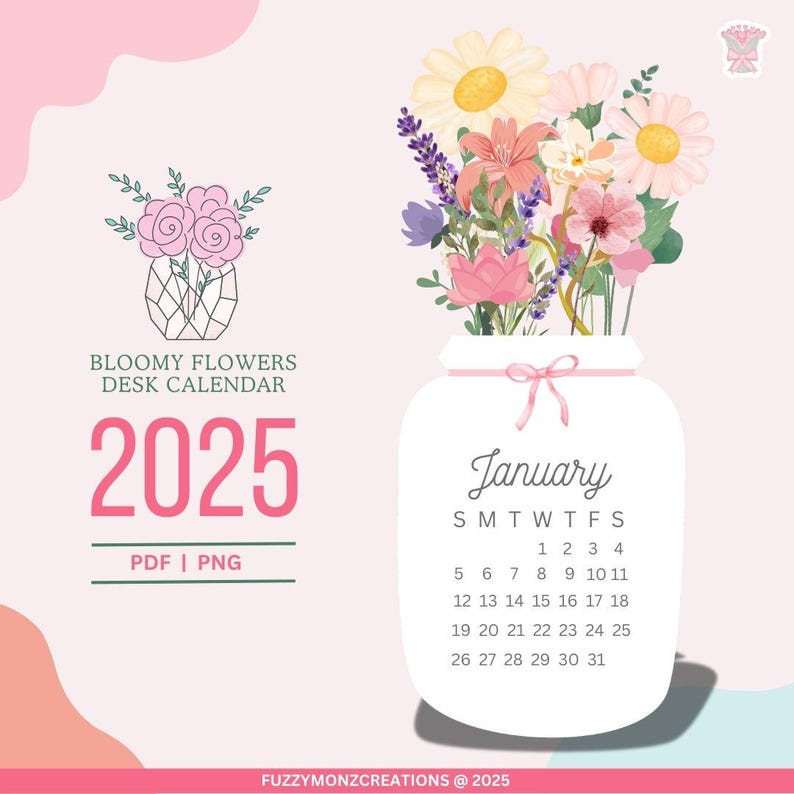 Printable Bloomy Flowers Desk Calendar 2025 Etsy