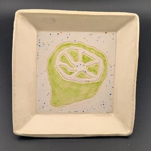 Lime Green Trinket Dish, Citrus Catch-All, Novelty Handmade Ceramic Tray, Whimsical Ceramic Fruit Illustration, Square Small Ceramic Tray