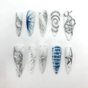 Cybercore Press On Nails: Silver Chrome 3D Abstract Stiletto Nails