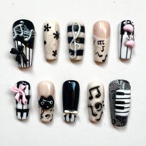 Piano Music Press-On Nails: Kawaii Cat, 3D Bows, Handmade Coffin Nails