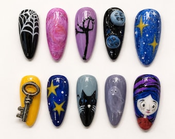 Paznokcie Coraline Press-On | Guzikowe Oko i Klucz 3D Charms | Upiorna Sztuka Paznokci | Paznokcie Cosplay