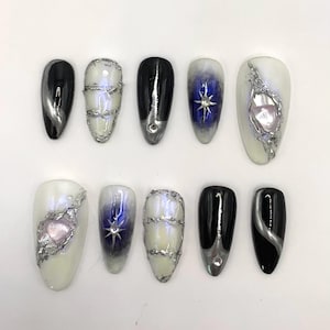 Gothic Opal Press-On Nails | Black & Silver 3D Wire, Pearlescent Shell and Blue Starburst | Reusable Stiletto False Nails