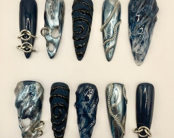 Unghie finte Cyberpunk Goth / Catene blu metallizzate e argento, texture 3D e design a spirale / Set di unghie gotiche futuristiche