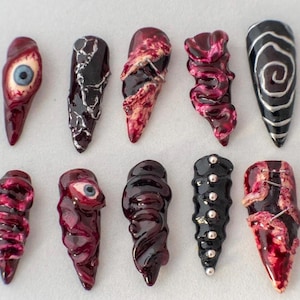 3D Horror Eye Press On Nails | Gothic Gore Nail Art | Custom Stiletto Fake Nails | Handmade Reusable Set