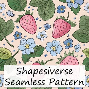 May include: A seamless pattern design featuring pink strawberries, blue flowers, and green leaves on a pale pink background. The text "Shapesiverse Seamless Pattern" is displayed at the bottom of the image.