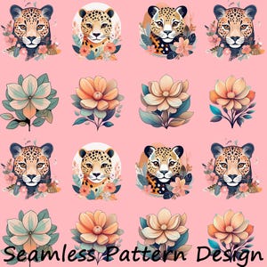 May include: A seamless pattern design featuring leopard faces and floral elements in a repeating pattern. The leopard faces have spots and are surrounded by flowers. The flowers are in shades of peach, orange, and teal on a pink background. The text "Seamless Pattern Design" is at the bottom.