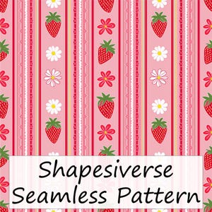 Op de afbeelding: Een naadloos patroon met rode aardbeien, witte madeliefjes en rode bloemen op een roze achtergrond. Verticale strepen wisselen af tussen effen roze, wit kant en dunne rode lijnen. De tekst "Shapesiverse Seamless Pattern" staat onderaan.
