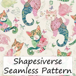 May include: A seamless pattern featuring stylized cats with floral and butterfly accents. The cats are depicted in various poses, with colorful details in shades of green, pink, blue, and orange. The text "Shapesiverse Seamless Pattern" is displayed at the bottom.