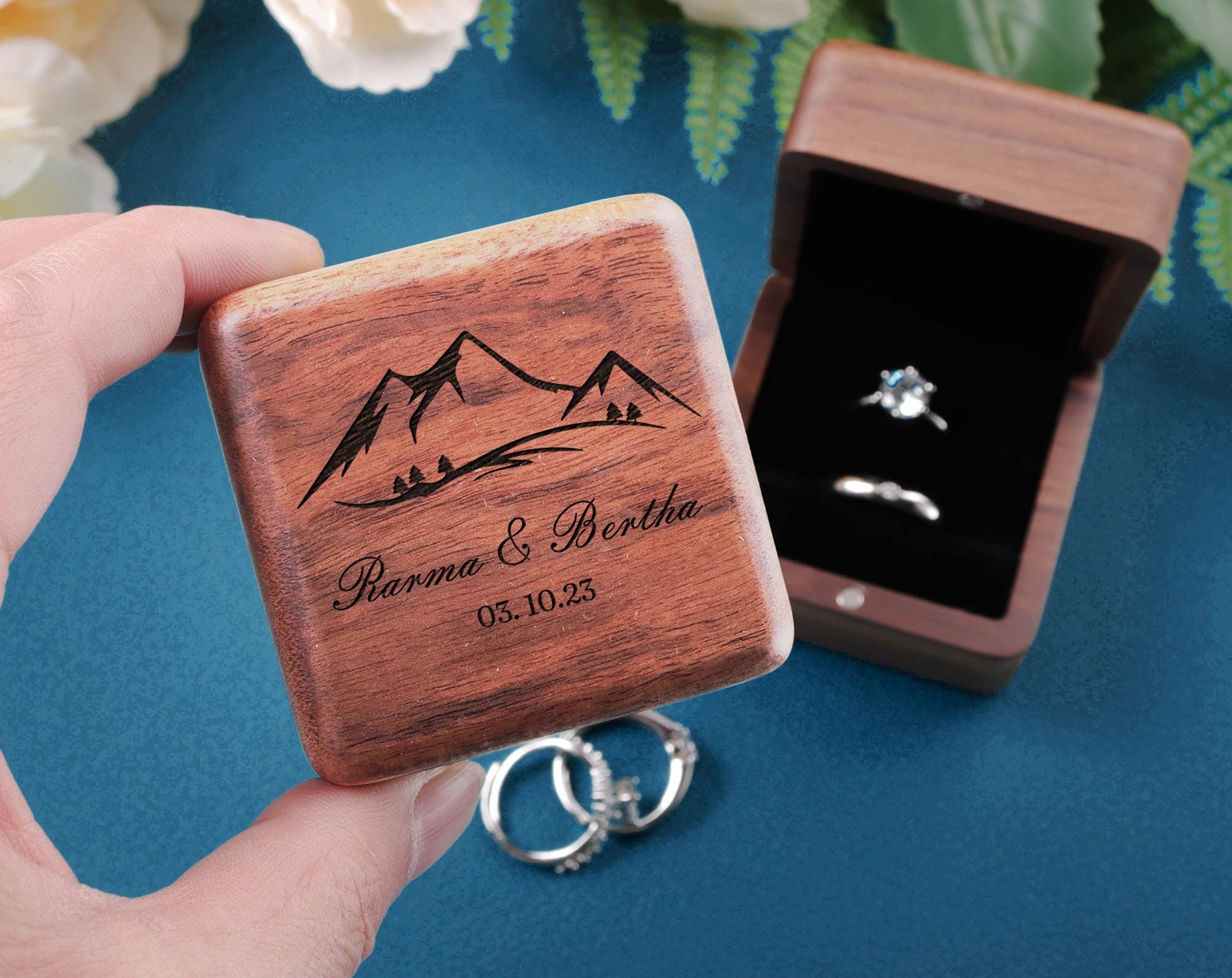 Personalized Double Ring Box ,Engraved Wood Ring Bearer Box for Wedding Ceremony,  Engrave Ring Box,Storage for 2 Rings,Anniversary Gift