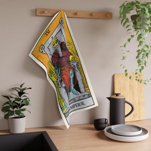 The Emperor Tarotkaart Theedoek Keukenhanddoek van 100% katoen of polyester | Elegant tarotdecor | Gotisch keukendecor - Witchy keukenhanddoek