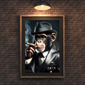 May include: A chimpanzee wearing a black fedora and a black suit jacket with a white shirt and tie. The chimpanzee is holding a lit cigar in its right hand and has a serious expression on its face.