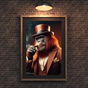 May include: A painting of an orangutan wearing a brown suit, a top hat, and holding a cigar. The orangutan has a serious expression on its face.