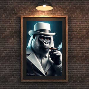 May include: A white gorilla wearing a white fedora and a white tie, smoking a cigar. The gorilla has a serious expression on its face. The background is a dark blue.