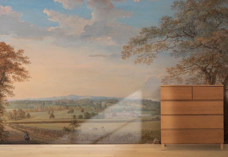 Pastoral Landscape Wallpaper, Vintage Countryside Scene Peel and Stick ...