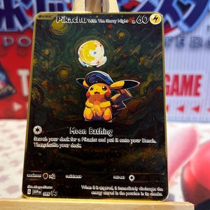 Carte en métal personnalisée style Van Gogh Pokemon - Pikachu avec la nuit étoilée