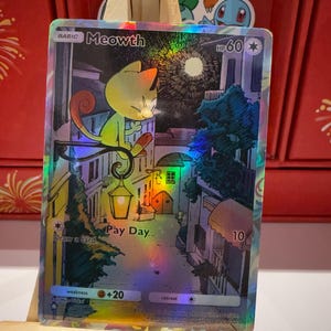 Tarjeta holográfica de Meowth de Pokémon TCG Pocket, personalizada, con ilustración artística completa, Apex genético, Isla mítica, Combate espacial, Juerga brillante, Triunfo.