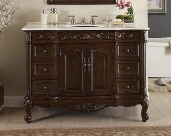 42 Inch Dark Brown Traditional Style Single Sink White Marble Countertop Beckham Bathroom Vanity