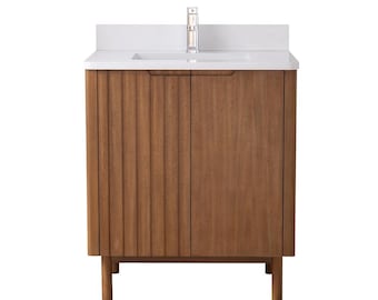 Fume Mango Warm Oak Brown Finish Bathroom Vanity With White Top