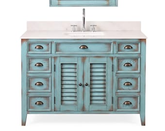 46.5 Inch Abbeville Farmhouse Style Distressed Blue Bathroom Vanity With Marble Top