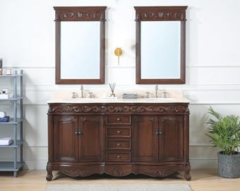 64 Inch Antique White Traditional Style Double Sink White Top Beckham Bathroom Vanity