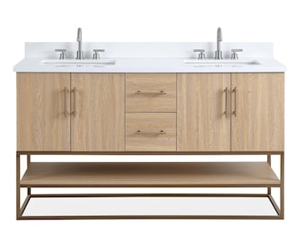 60 Inch Light Oak Lima Double Sink Bathroom Vanity With Open Shelf & Gold Leg Base