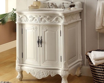 27 Inch Classic Style Antiqued White Wellington Bathroom Sink Vanity