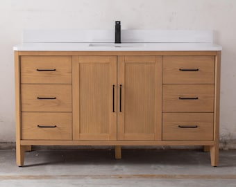 60 Inch Barque Single Sink Warm Oak Brown Finish Bathroom Vanity With White Top