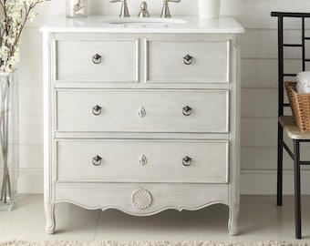 34 Inch Distressed Gray Cottage Style Bathroom Sink Vanity