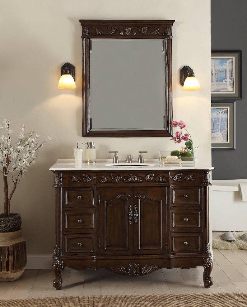 42 Inch Dark Brown Traditional Style Single Sink White Marble ...